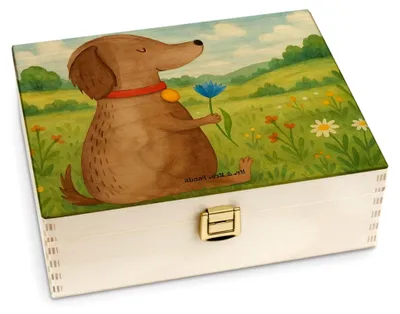 Produktbild von Teebox aus Holz im Hund- und Blumen-Design - Geschenk, Halsband, Teeaufbewahrung, Hunde, Teedose, Aufbewahrungsbox, für Paare, Süß