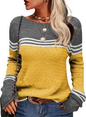 Image de AKSA Pulls tricotés femmes Automne Hiver Long Pull oversize Sweat à manches longues Duenne Elégant Sweatshirt col rond Casual Pull d'hiver,Jaune,3XL