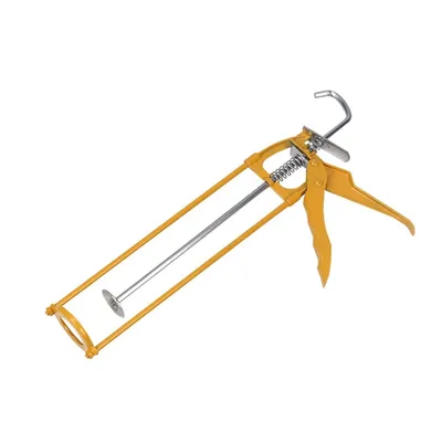 A yellow and silver caulking gun is shown against a white background.
