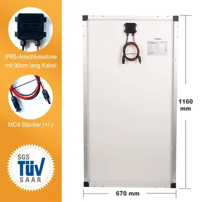 Produktbild von Monokristallines Solarmodul, 150 W, 12 V - PERC-Technologie - 116 x 67 x 3 cm, Aluminiumrahmen