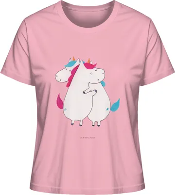 Produktbild von Mr. & Mrs. Panda Damen Basic T-Shirt Einhörner Umarmen Größe M - Baumwolle Pink - Geschenk, Unicorn, Freundinnen, Shirt, Liebe, Familie, Baumwoll, Oberteil, Sommershirt