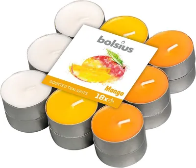 Produktbild von 18 Mango-Duftteelichter mit 4 Stunden Brenndauer, 38 mm Durchmesser, natürlichen Extrakten, veganem Wachs und ohne Palmöl