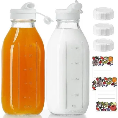 Productafbeelding van Set van 2 Glazen Melkflesjes 1 L met Deksels en Gietlip voor Koelkast