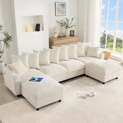 Produktbild von Merax Modulares U-förmiges Ecksofa, 6-Sitzer Wohnlandschaft mit 2 Hockern, USB Type-C Ladeanschluss, Chenille Sofa mit Taschenfederkern, Beige