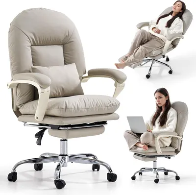 Immagine prodotto di Sedia da ufficio ergonomica con poggiapiedi, schienale regolabile, rotelle e seduta confortevole, ideale per lavorare