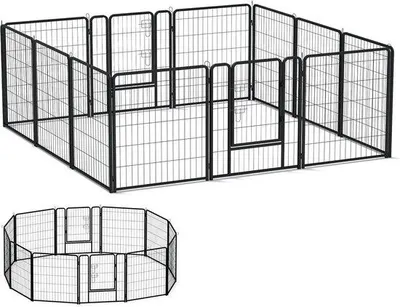 Productafbeelding van Puppyren met 12 roosters, elk 80 x 80 cm, vrijloopren voor honden, puppyuitloop met deuren, flexibel en opvouwbaar, puppyrooster voor woning en tuin
