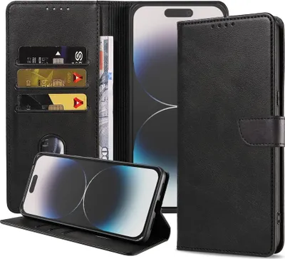 Produktbild von Fit für iPhone 14 Pro Max Handytasche Kunstleder mit magnetischer Lippe und Kartenhalter Buchhülle mit Klappe - Schwarz - Smartphonics