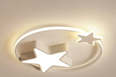 A close-up view of a modern ceiling light fixture with star-shaped elements.