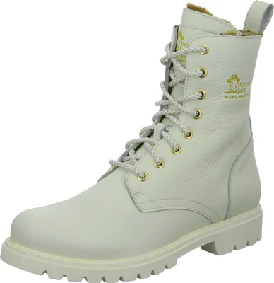 A single white Panama Jack boot is shown against a white background.