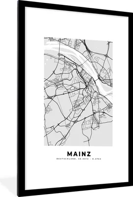 Produktbild von MuchoWow® Gerahmtes Poster Stadtplan - Deutschland - Mainz - Karte 60x90 cm - Poster mit Schwarzem Bilderrahmen Wandposter Rahmen Foto Bilder - Dekoration - Wandposter Wohnzimmer - Hochwertig