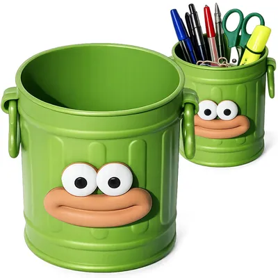 Zdjęcie produktu dla Przybornik pojemnik organizer na długopisy kredki biurkowy kosz z oczami zielony 9,5x8 cm