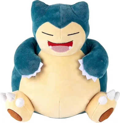 A plush toy of the Pokemon character Snorlax is shown sitting against a white background.