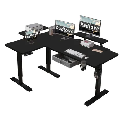 Zdjęcie produktu dla Biurko Radlove 160cm L-Desk z elektryczną regulacją wysokości, biurko narożne, biurko stojące w kształcie litery L z podstawką pod monitor i szufladą, czarne