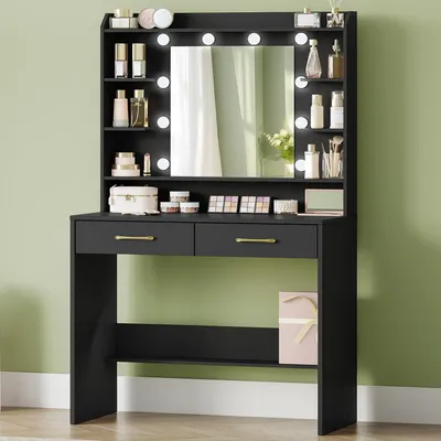 Productafbeelding van Make-up tafel met spiegel, opbergruimte en 2 lades, verstelbare LED-verlichting, 40 x 80 x 149 cm, zwart