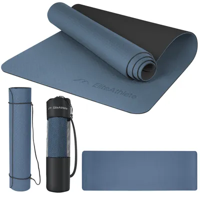 Immagine prodotto di EliteAthlete® tappetino per yoga - tappetino sportivo - tappetino per fitness - tappetino per ginnastica imbottito e antiscivolo per fitness, pilates - tappetino per yoga - 183 cm x 61 cm x 0,6 cm - tappetino per yoga con tracolla + borsa, colore: nero-blu scuro