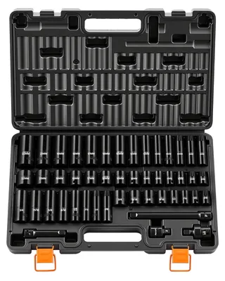 Produktbild von Schlagnuss-Set - Steckschlüsselsatz Sechskant 3/8 Zoll (0,95 cm) Antrieb 48-tlg - SAE 0,79-1,9 cm & 8-22 mm - Chrom-Vanadium-Stahl - Verlängerung & Adapter - Mit Koffer