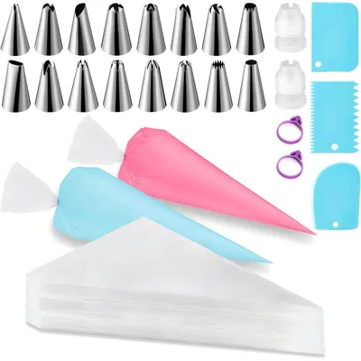 Image de Kit de 123 pièces comprenant 100 poches à douille jetables, 16 embouts de décoration et un racloir à gâteau