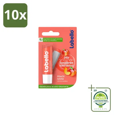 Productafbeelding van 10 x Labello Fruity Peach Shine veganistische lippenbalsem met koraalglanzende finish - grootverpakking - 10 stuks