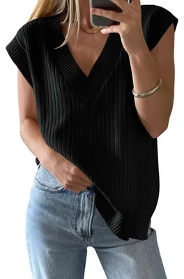 Produktbild von Damen-Strickweste mit V-Ausschnitt,Oversize-Rippstrick,ärmellos,lässig,locker geschnitten,Tanktop