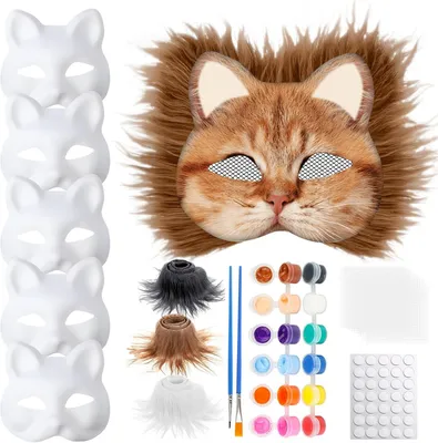 Productafbeelding van Kattenmaskers met ogen mesh en bontbaard - Set van 6 - Dierenkattenmasker - Maskers kunsthandwerk kit