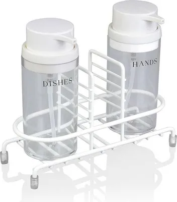 Immagine prodotto di OKYANUS | Set di dispenser per sapone - Deluxe - Rotondo - Bianco - Con organizer in metallo - Design moderno