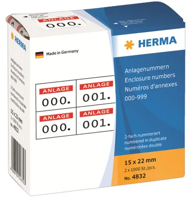 Produktbild von HERMA Anlagenummern 15 x 22 mm selbstklebend rot 2-fach 1.000 Etiketten