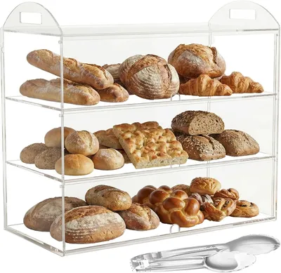 Productafbeelding van Bakkerijvitrine met 3 niveaus met handvat, aanrecht 59,9 x 30 x 47,2 cm, commerciële bakstandaard, transparante acryl presentatiedoos voor dessert, do