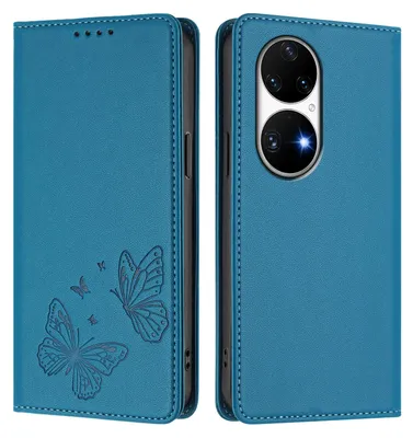 Produktbild von Lederhülle für Huawei P50 Pro, Schmetterling Prägung Leder Brieftasche Schutzhülle mit Ständer Blau