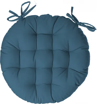 A round, tufted seat cushion with ties, shown from a top-down perspective against a white background.