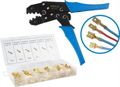 Produktbild von Crimpzange Presszange 0,5 - 6mm² mit KFZ Kabelschuhe Sortiment Steckverbinder Flachstecker Box unisoliert 600 Stück