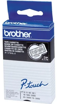 Image de Ruban d'impression Brother TC195, 9 mm x 7,7 m, blanc sur fond transparent