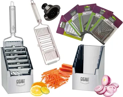 A collage of kitchen graters and slicers, along with some sliced vegetables and fruit.