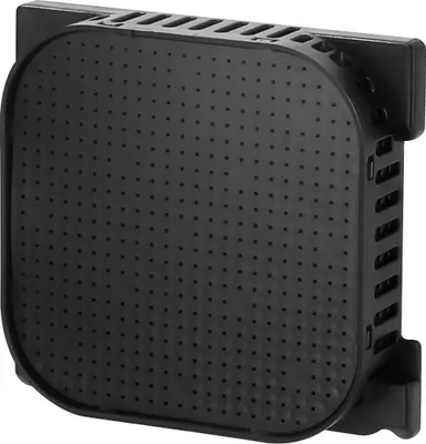 A black air filter with a perforated surface.