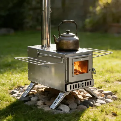 Produktbild von Tragbarer Zeltofen - Holzofen/Herd - Edelstahl - 2-in-1 Heizen & Kochen - 7 Kaminrohre - Saunaofen - Silber