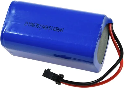 A blue cylindrical battery with red and black wires and a black connector.