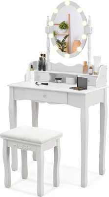 A white vanity table with a lighted mirror and a matching stool, set against a white background.