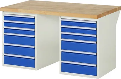 Produktbild von Werkbank mit 12 Schubladen - Vollauszug - 90:6 / 150:6 - 840 x 560 x 900 mm (HxBxT) - Traglast 1.000 kg - Buche
