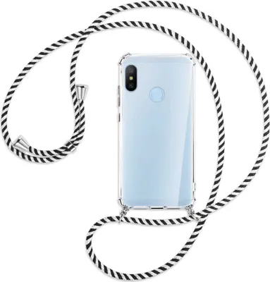 Produktbild von Handykette Backcover-Schutzhülle mit Band (Metall silberfarben) für Xiaomi Mi A2 Lite - schwarz/weiß gestreift