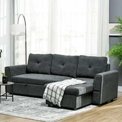 Produktbild von Schlafsofa 3-Sitzer mit Chaiselongue & Bettfunktion, Ecksofa Bettkasten, Polyester, Dunkelgrau | 232 x 141 x 85 cm | bis 150 kg