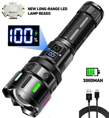 Produktbild von LED-Taschenlampe mit Zoom, Akkulampe mit Ladeanzeige, USB-Kabel