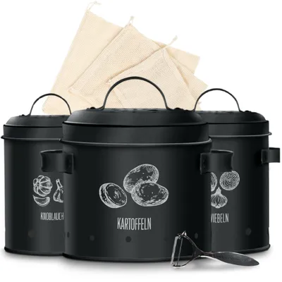 Produktbild von KitchenQuality Kartoffelaufbewahrungsbox 3er-Set aus Metall inkl. Schäler & Beutel