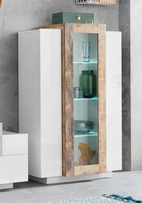 Produktbild von Vitrine Standvitrine Vitrinenschrank Beistellschrank Standschrank  "Catania I" Weiß Hochglanz / Ahorn Nachbildung