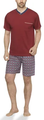Produktbild von Moonline - Herren Shorty Schlafanzug kurz Pyjama mit karierter Hose aus 100% Baumwolle ; Bordeaux , 50/52