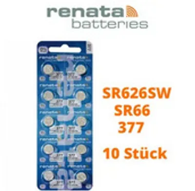 A blister pack of Renata button cell batteries with product information printed next to it.