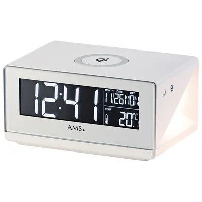 Produktbild von AMS 1300 Wecker Netzwecker weiß digital Snooze mit Aufladegerät für Smartphones