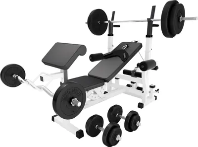 Produktbild von GORILLA SPORTS® Kraftstation - inkl. Hantelset 100kg, mit Hantelablage, Latzug, Butterfly und Beincurl, Verstellbar, Weiß - Multifunktion Hantelbank, Trainingsbank, Fitnessstation