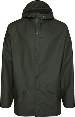 Produktbild von RAINS Regenjacke V3 Grün mit verstellbarer Kapuze und Druckknöpfen