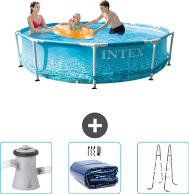 Produktbild von Intex-Schwimmbecken mit rundem Rahmen – 305 x 76 cm – Wasserdruck – im Lieferumfang enthalten Filterpumpe für Schwimmbad - Sonnensegel - Leiter