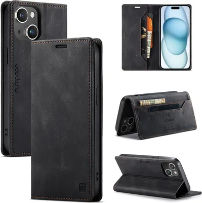 Produktbild von iPhone 15 Brieftasche Hülle, Retro Kunstledertasche Stand Schutzhülle für iPhone 15 Schwarz
