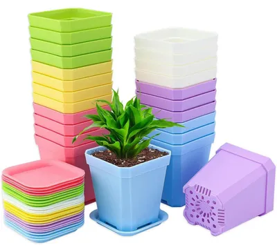 Immagine prodotto di Vasi per piantine, vasi quadrati in plastica colorata, set da 24 con sottovasi, diametro 7 cm